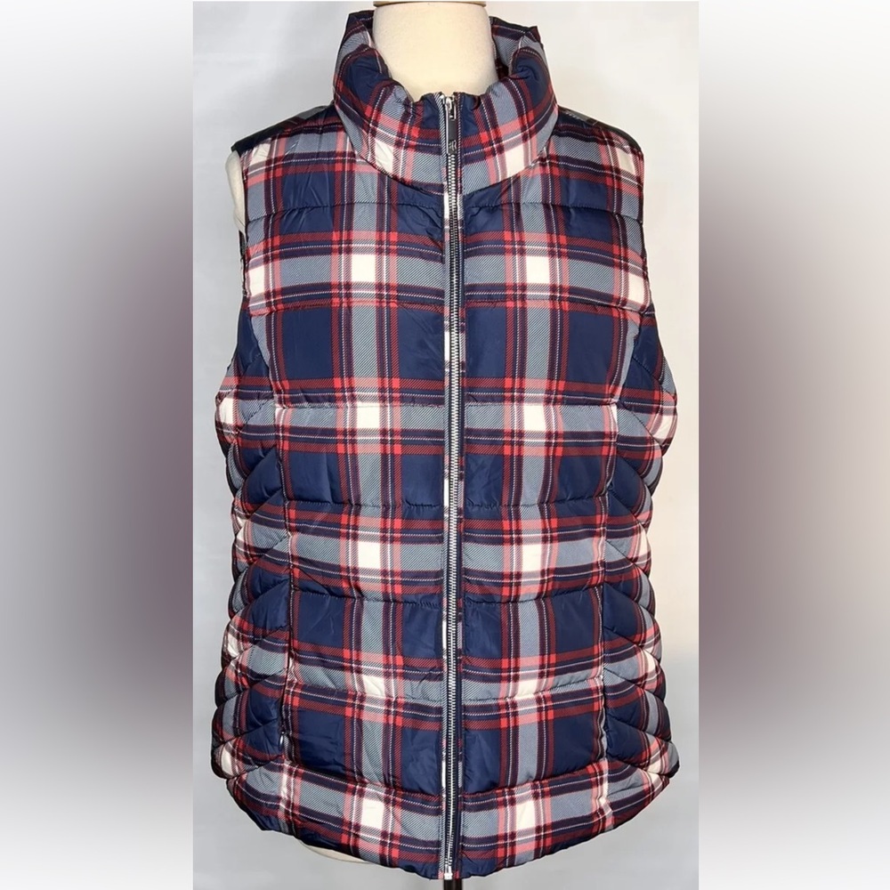Tommy Hilfiger Red/Navy Plaid Vest Puffer Sleeveless Jacket Sz L Womens